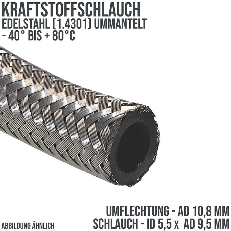 5,5 x 9,5 mm Kraftstoff Silber Benzin Öl Schlauch Edelstahl 1.4301 Draht Umflechtung NBR - PN 25 bar