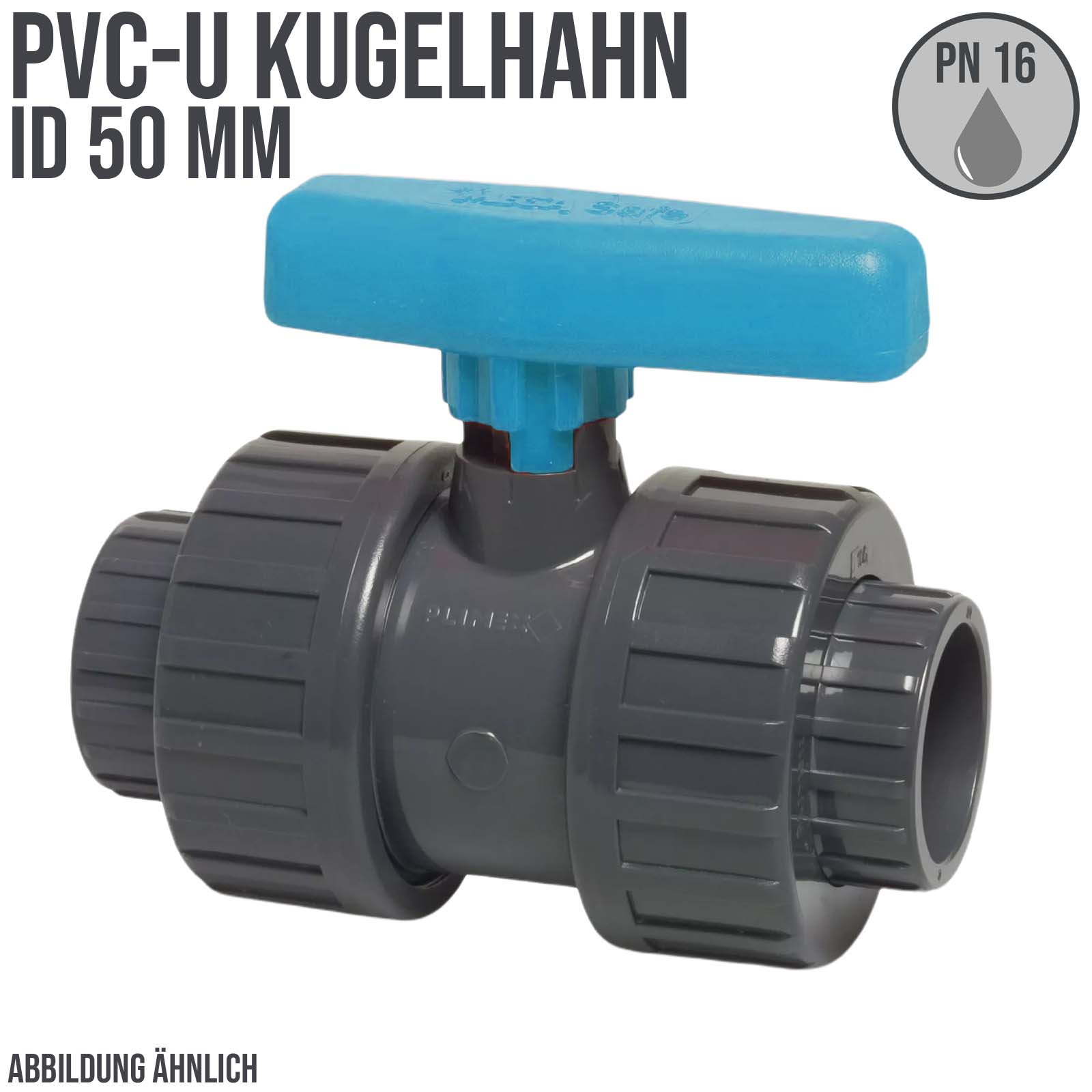 50 mm PVC Kugel Absperr Hahn Ventil beidseitige Klebemuffe Fitting PN 16 bar - blauer Griff