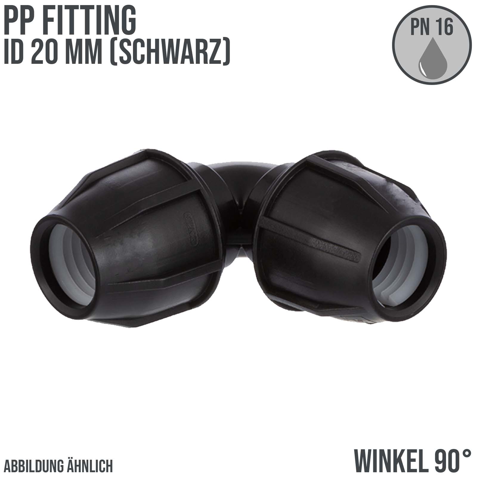 20 mm PE PP Fitting Klemm Verbinder Verschraubung Muffe Rohr Winkel 90° schwarz - PN 16 bar