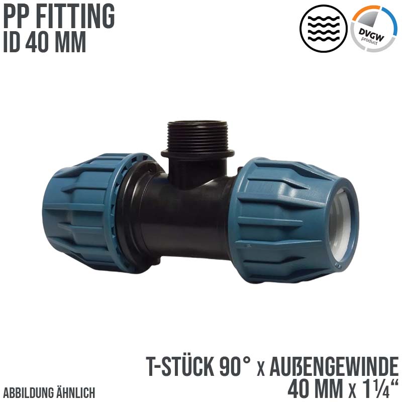 40 mm x 1 1/4" PE PP Fitting Klemm Verbinder Verschraubung Rohr T-Stück 90° x AG DVGW - PN 16 bar