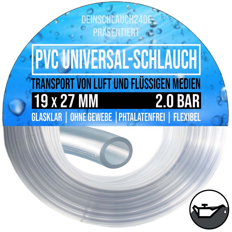 19 x 27 mm PVC Flüssigkeit Öl Luft Wasser Universal Labor Schlauch klar durchsichtig - PN 2 bar