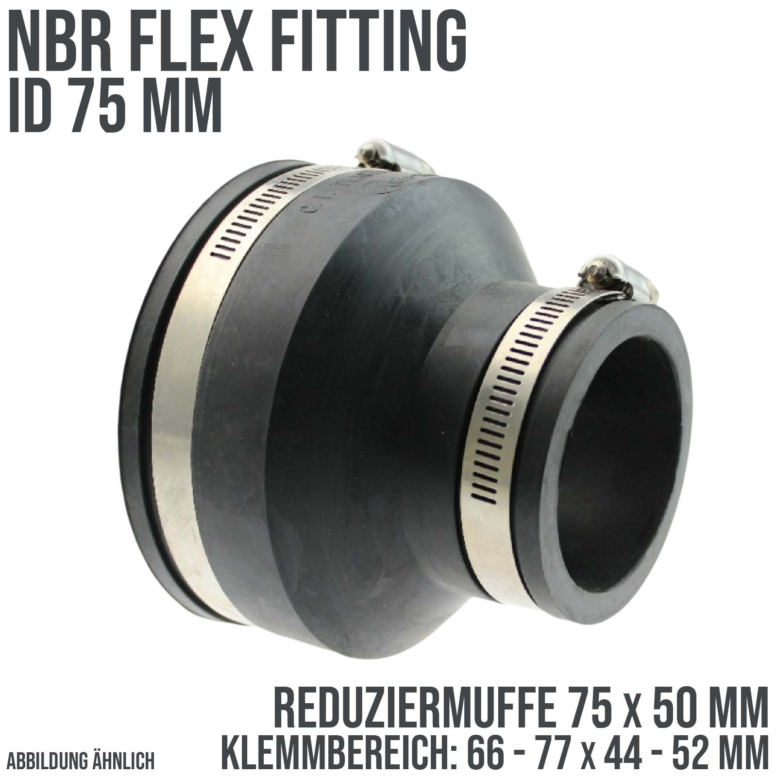 75 mm NBR Flex Fitting Reduziermuffe 75 x 50 mm Verbinder Reparatur (Klemmbereich 66-77 -> 44-52 mm)