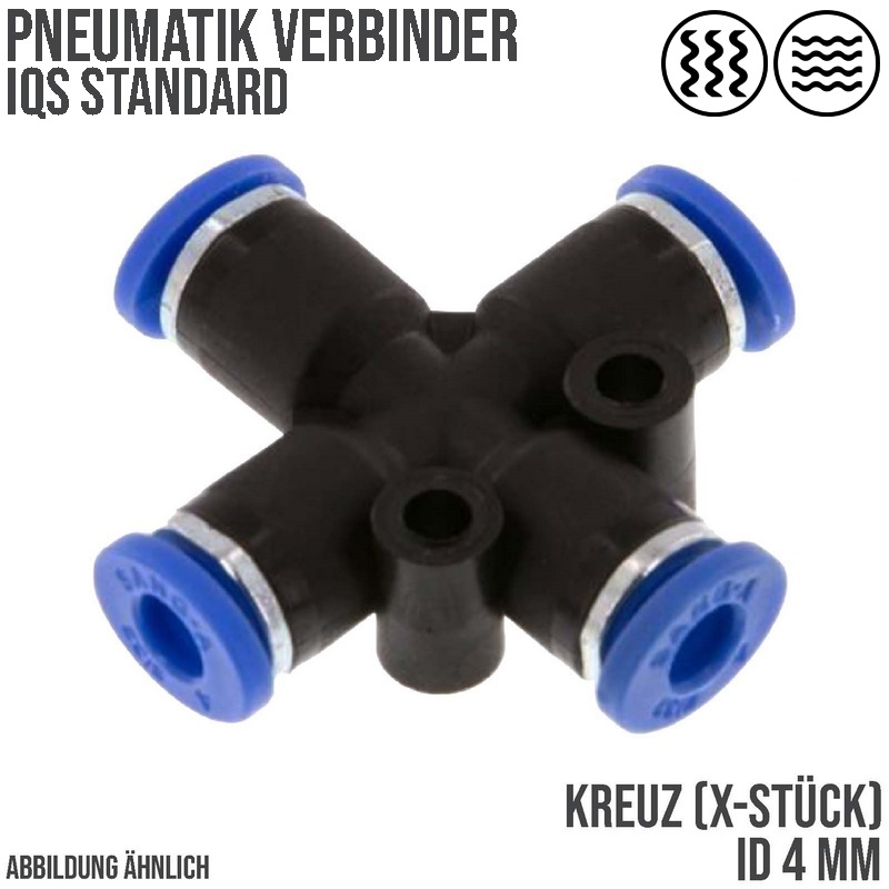 4 mm Pneumatik Steck Verbinder IQS Kreuz blau/schwarz PA PU Schlauch - PN 20 bar