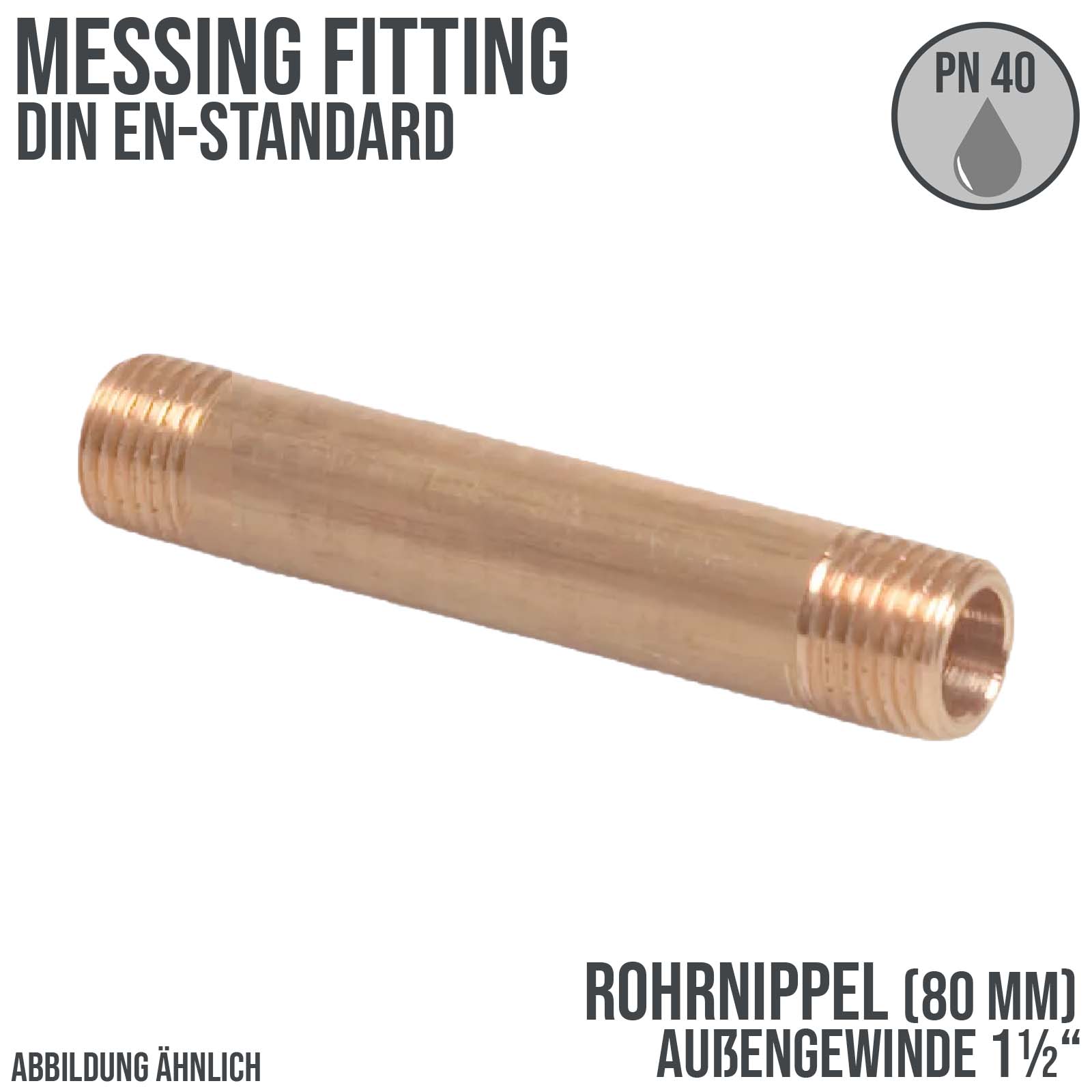 1 1/2" Rohrnippel 80 mm Außen x Außengewinde AG Messing Fittings PN 40 bar