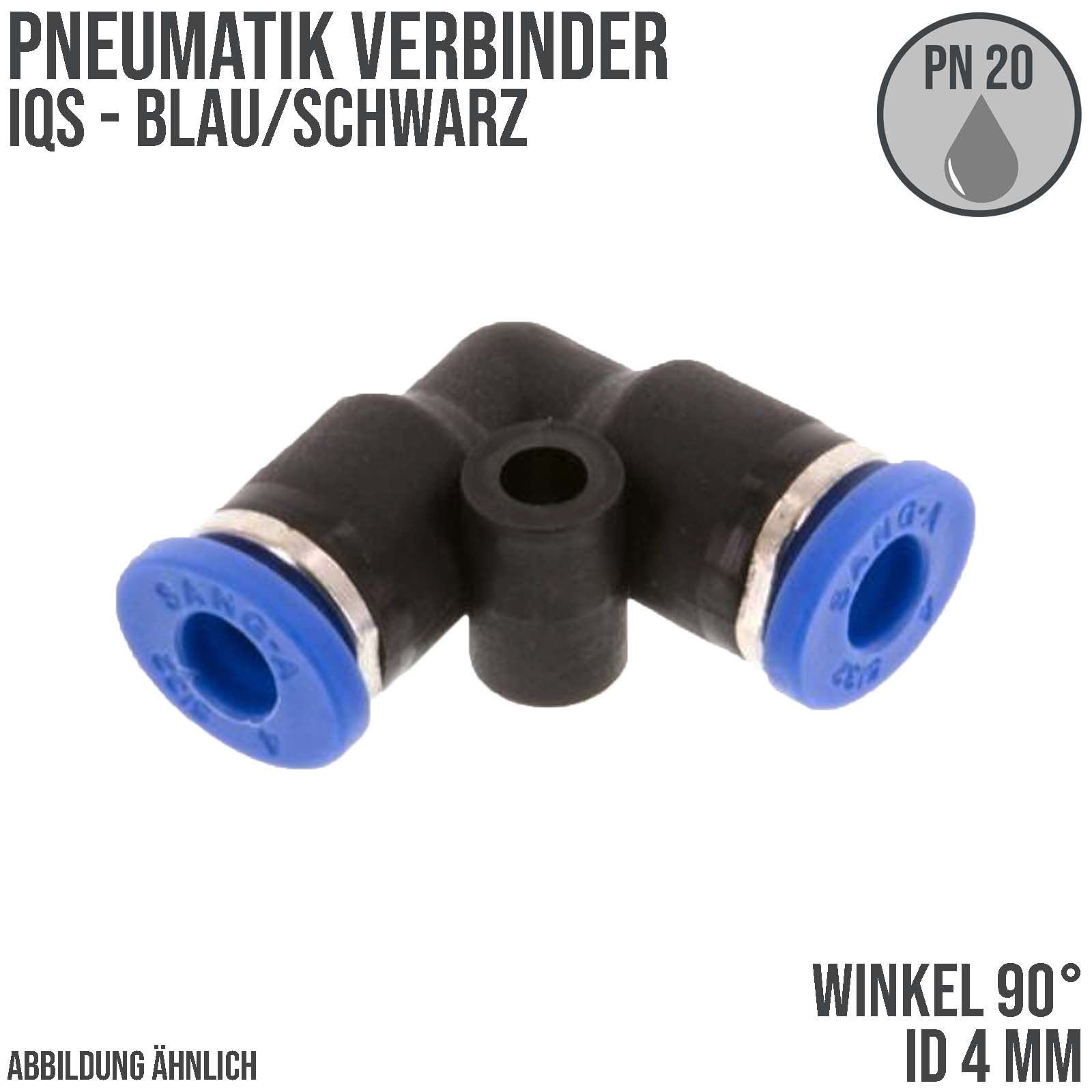 4 mm Pneumatik Schnell Steck Verbinder IQS Winkel 90° blau/schwarz PA PU Schlauch - PN 20 bar
