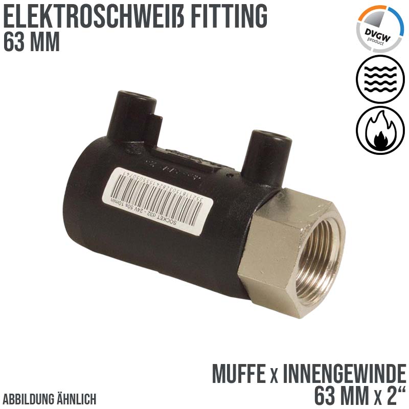 63 mm PE 100 Elektro Schweiß Fitting Muffe x Innengewinde 63 mm x 2" SDR 7,6 DVGW 24 VAC schwarz