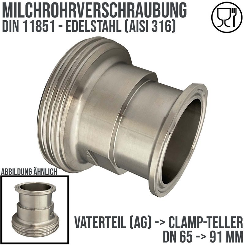 DN 65 Milchrohr Verschraubung DIN 11851 Übergang Adapter Vaterteil Außengewinde -> Clamp Teller 91,0 mm - PN 25 bar