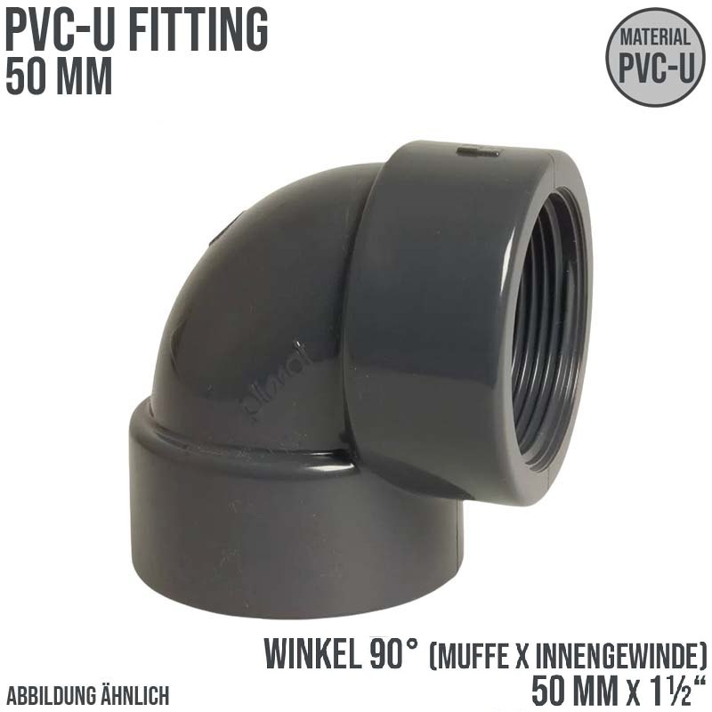 50 mm PVC Klebe Fitting Winkel 90° Innengewinde IG 50 mm x 1 1/2" Muffe Verbinder - PN 10 bar