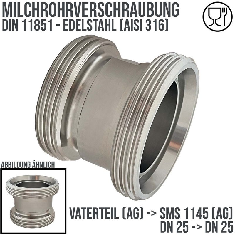 DN 25 Milchrohr Verschraubung DIN 11851 Übergang Adapter Vaterteil Außengewinde -> SMS 1145 Vaterteil DN 25 - PN 25 bar