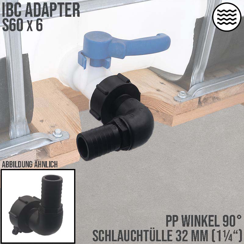 S60 x 6 IBC Winkel 90° Adapter Tülle Stutzen 32 mm 1 1/4" Container Fass Tank Zubehör PN 10 bar