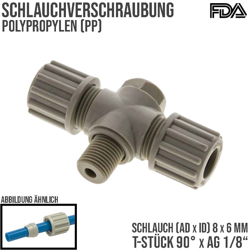 8 x 6 mm x 1/8" T-Stück 90° Kupplung Aussengewinde PA PP Schlauch Verbinder FDA drehbar - PN 10 bar