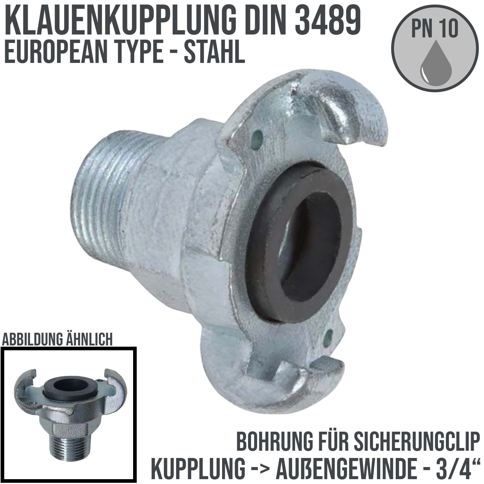 3/4" Klauen Kupplung Stahl European Type Abstand 42 mm Bohrung Außengewinde AG - PN 10 bar
