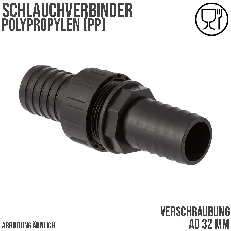 32 mm Schlauch Verschraubung 2-fach Stutzen Tülle Pool Teich Garten PP schwarz - PN 6 bar