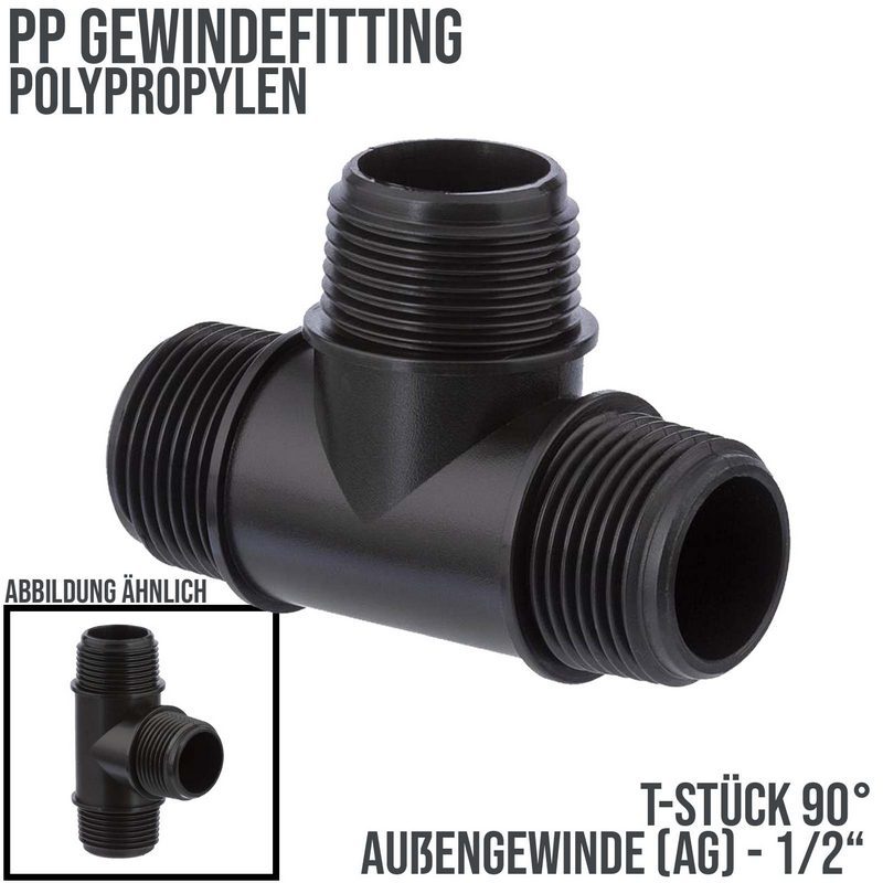 1/2 " PP Gewinde Fitting T-Stück 90° schwarz Außen x Außengewinde IG Polypropylen - PN 10 bar