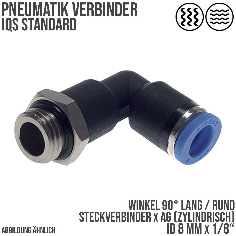 8 mm x 1/8" Pneumatik Steck Verbinder Winkel 90° rund lang rund IQS Außengewinde zylindrisch - PN 20 bar