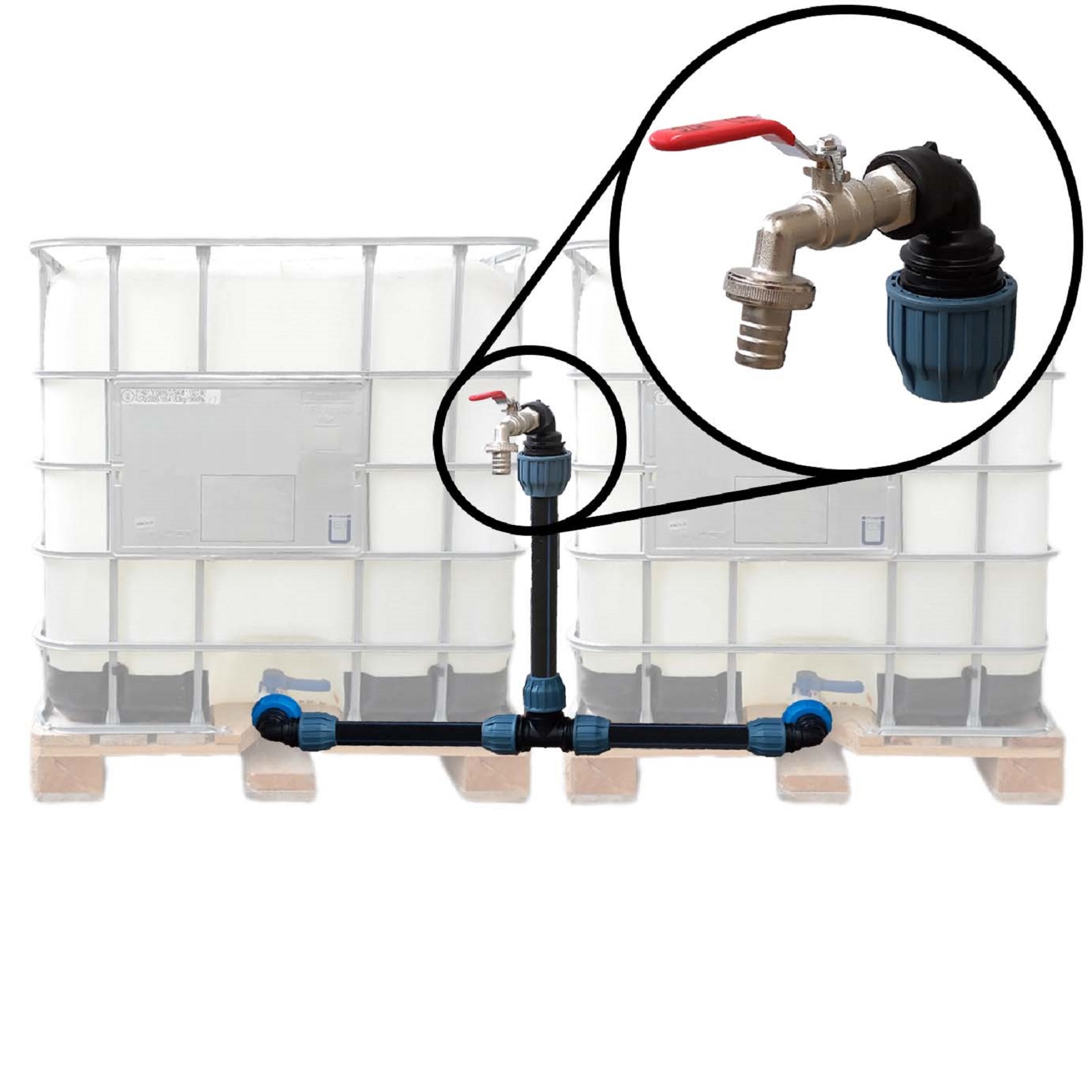 IBC Container Tankverbinder Anschluss Set 32 mm nebeneinander Schwanenhals Wasserhahn Auslaufventil