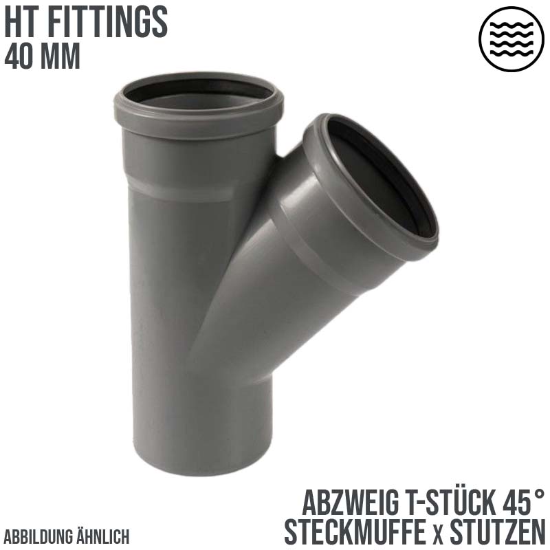 40 mm PP T-Stück 45° Abzweig Abfluß Abwasser HT KG Rohr Steckmuffe x Stutzen grau