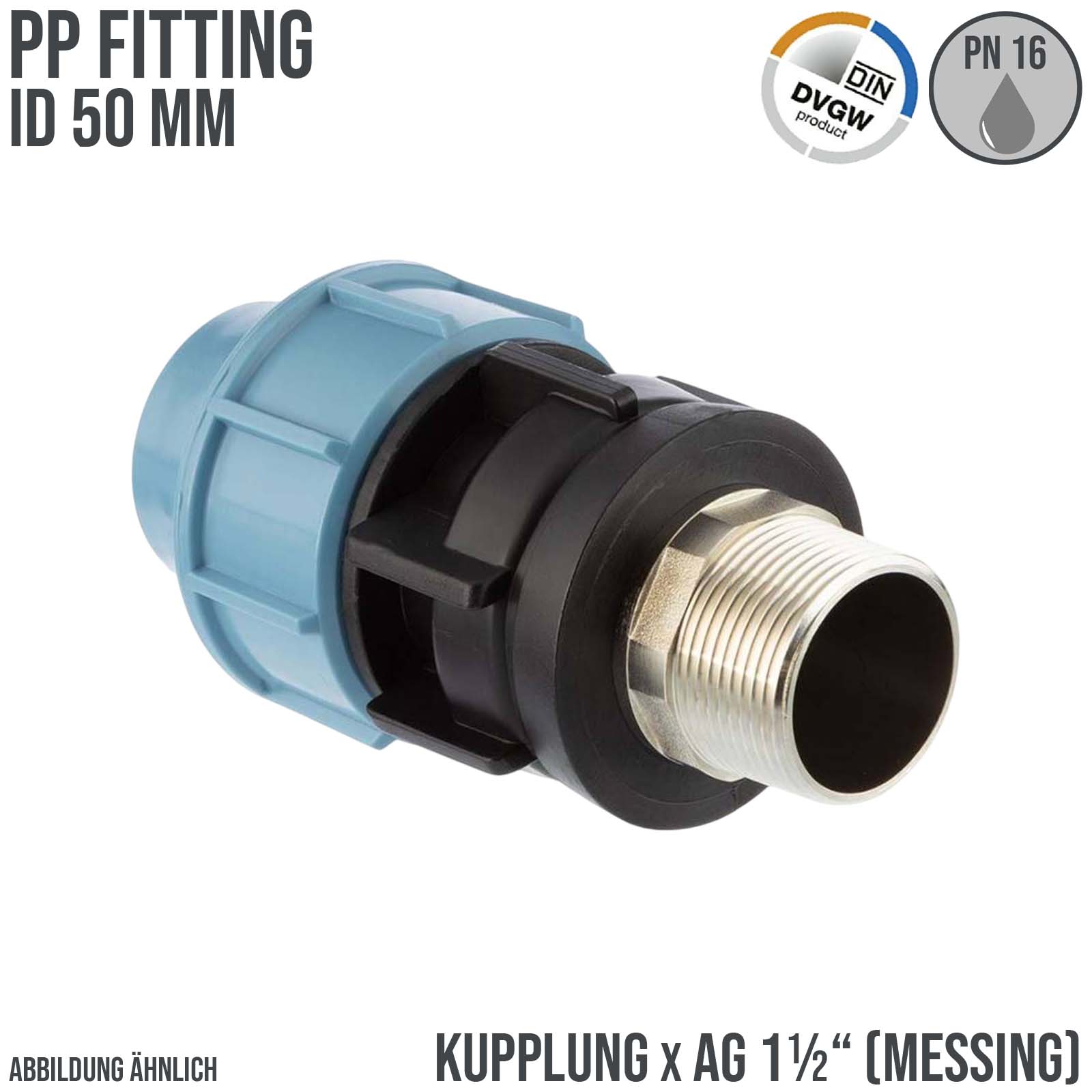 50 mm x 1 1/2" PE PP Fitting Klemm Verbinder Muffe Rohr Kupplung x Messing AG DVGW - Unidelta
