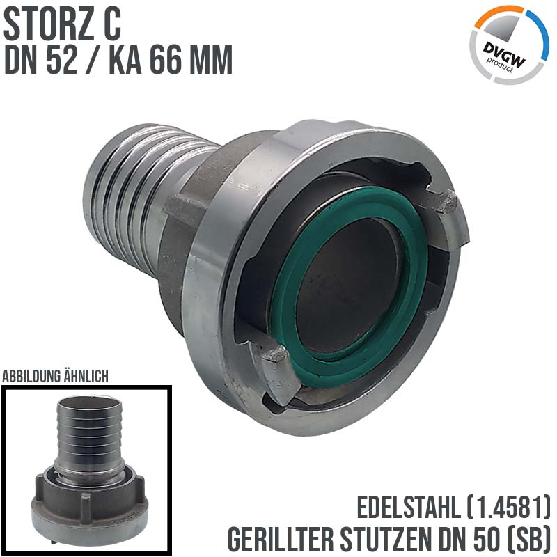 STORZ C DN 52 KA 66 V4A Saug Druck Kupplung -> gerillter Sägezahn Stutzen Tülle Sicherungsbund DN50 Klemmschale Einband - PN 16 bar