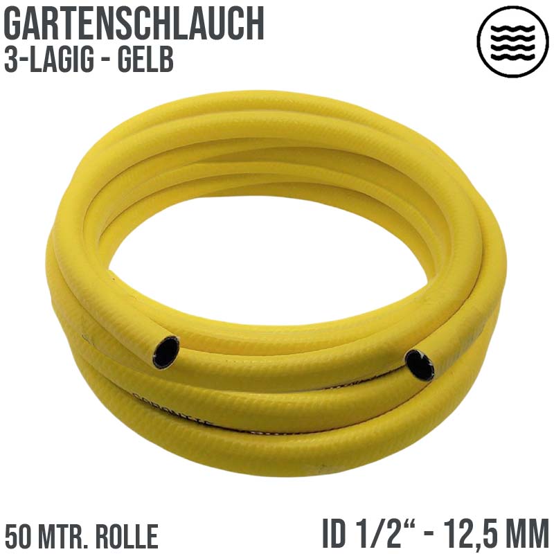 1/2" 13 mm Garten Wasser Bewässerung Universal Schlauch gelb 3 Lagen - PN 8 bar - 50 m