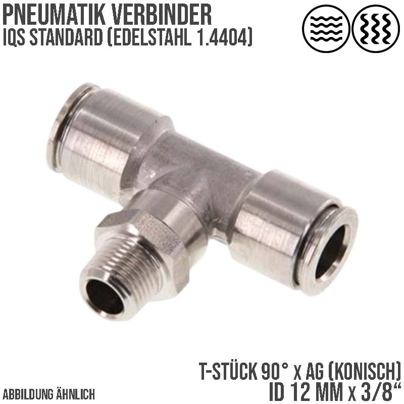 12 mm x 3/8" Pneumatik Steck Verbinder T-Stück 90° IQS Edelstahl VA 1.4404 Außengewinde konisch - PN 15 bar