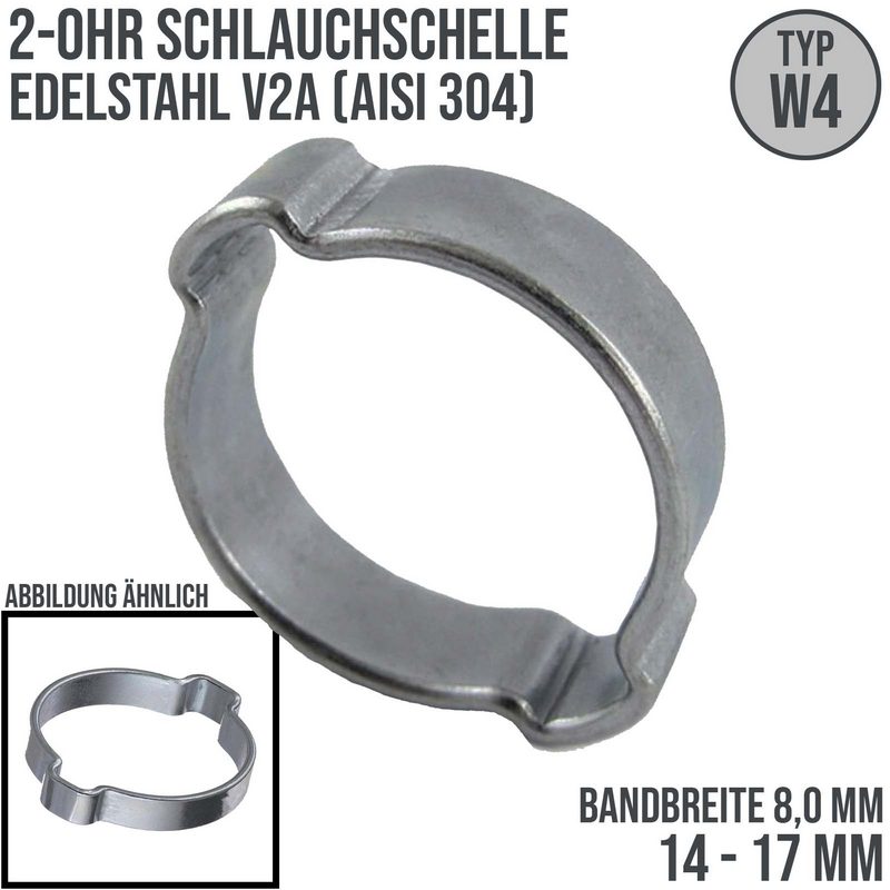 14 - 17 mm 2-Ohr Doppel Schlauch Schelle Edelstahl 1.4307 W4 - Bandbr. 8,0 mm