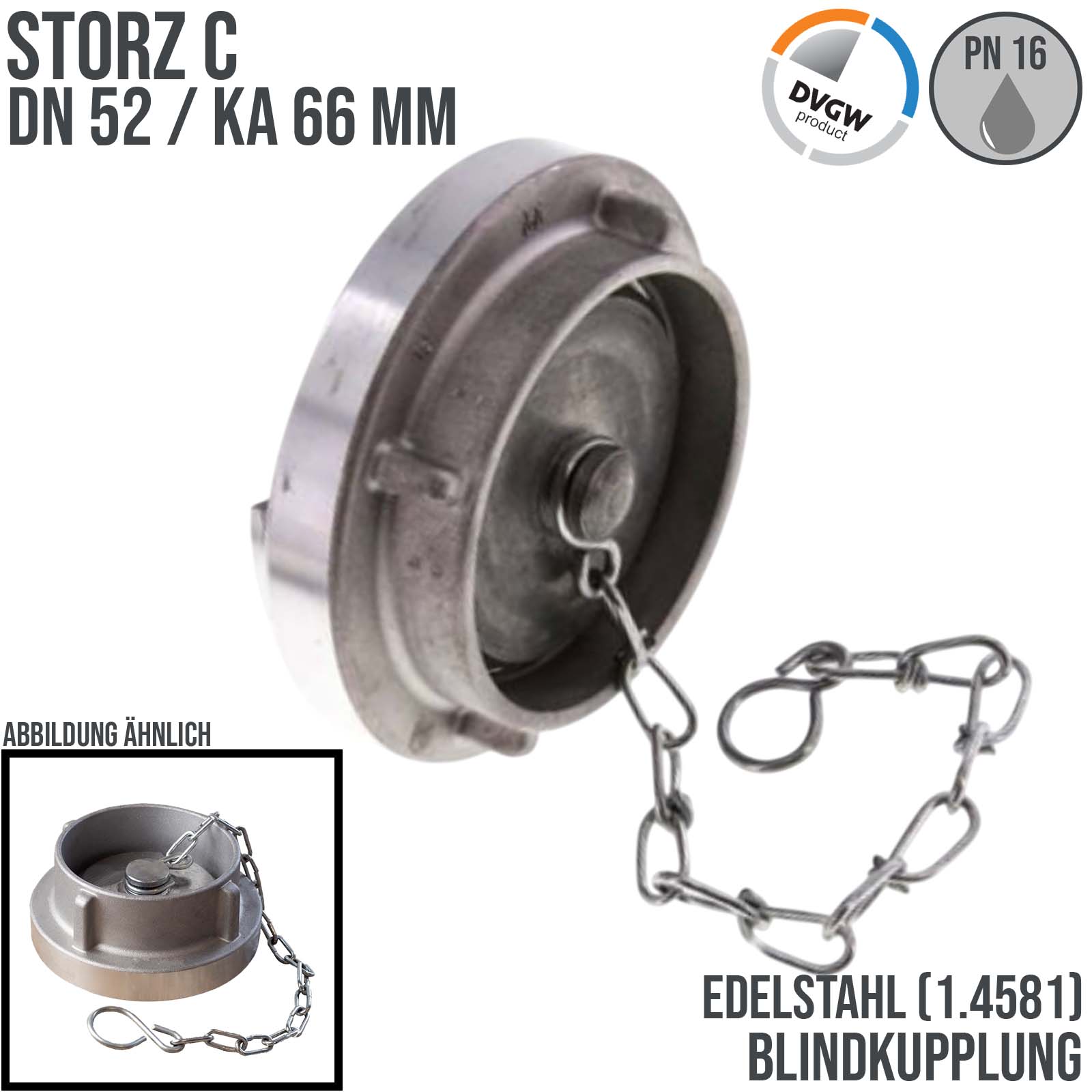 STORZ C DN 52 KA 66 V4A Blindkupplung mit Kette Saug Bau Feuerwehr Schlauch Edelstahl FKM - PN 16 bar