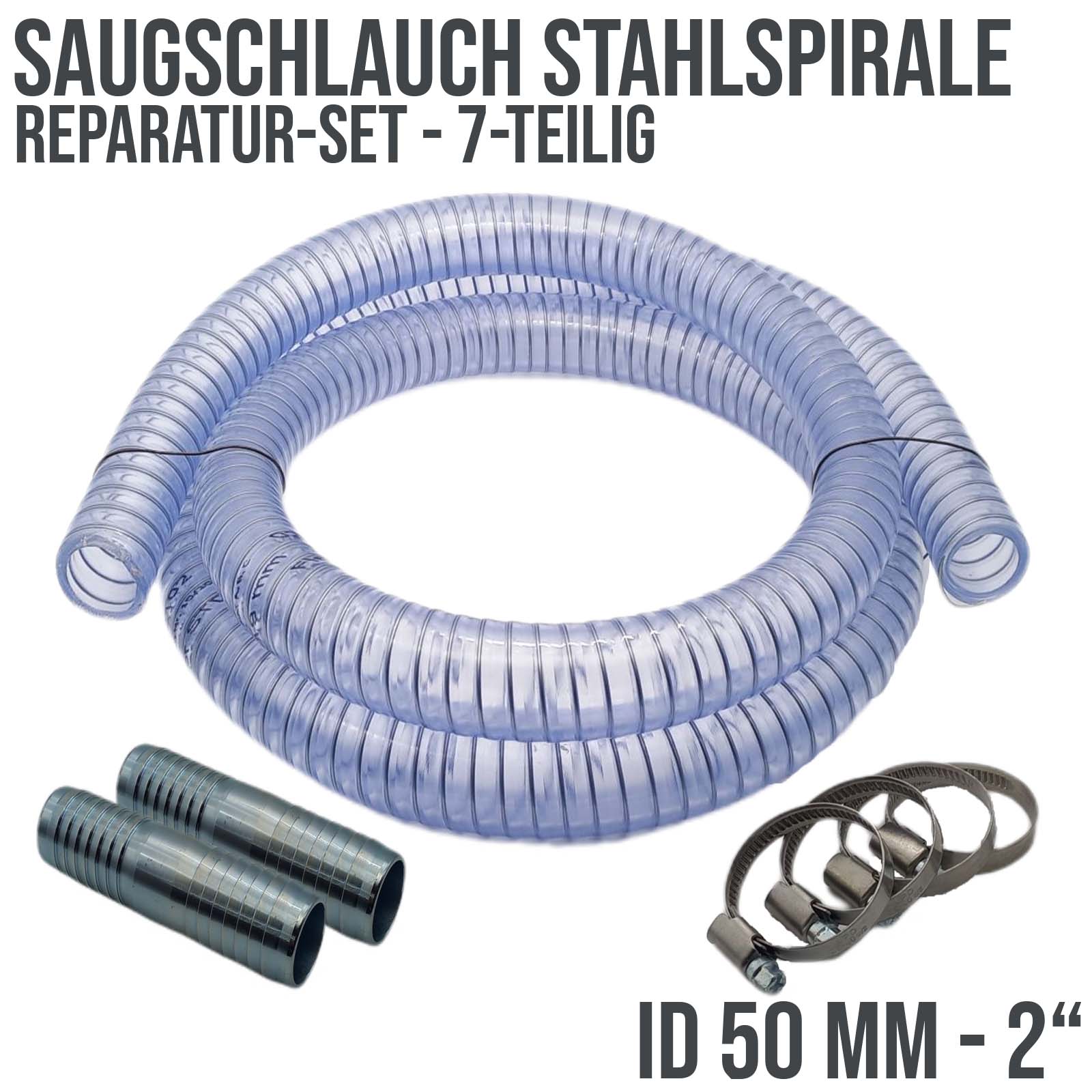 Schlauch Reparatur Set PVC Saugschlauch Stahlspirale Verlängerung 50 mm (2") - 7-teilig