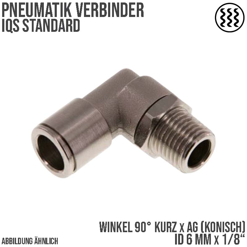6 mm x 1/8" Pneumatik Steck Verbinder Winkel 90° kurz IQS MSV Messing Außengewinde konisch - PN 16 bar