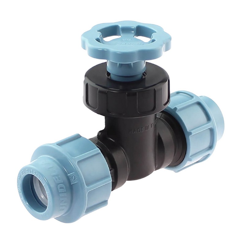 20 mm PE PP Durchgangsventil 2-fach Klemm Muffe Kupplung PN 16 bar DVGW KIWA WRAS Unidelta