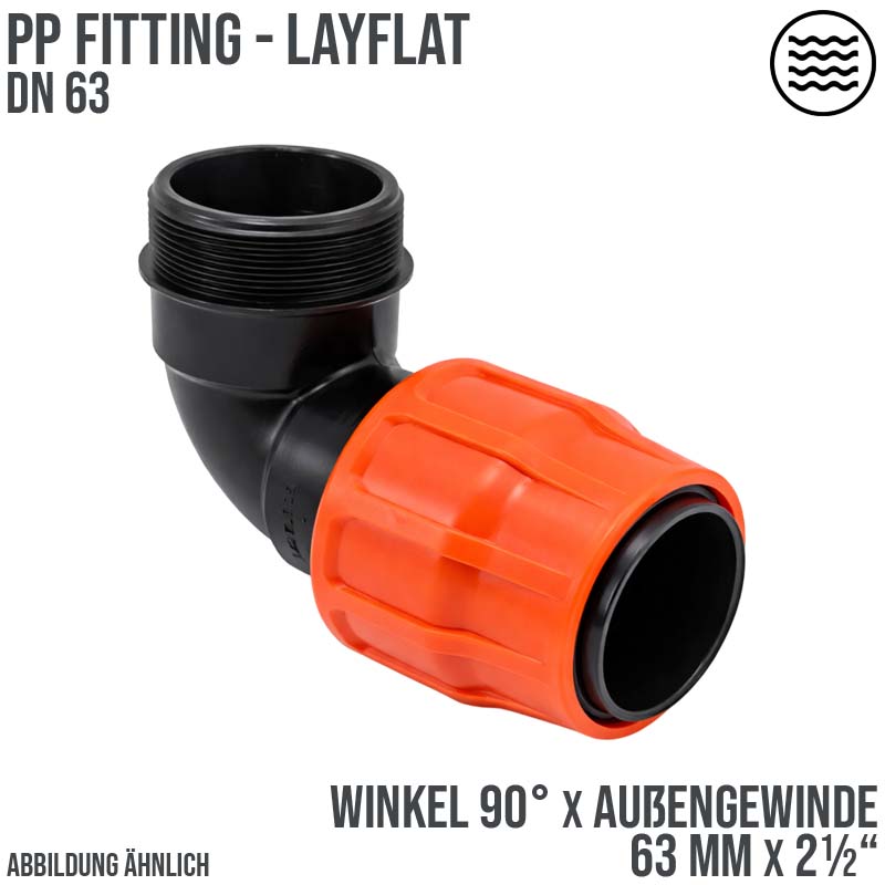 63 mm x 2 1/2" PE PP Fitting Layflat Klemm Verbinder Winkel 90° x Außengewinde AG Flach Schlauch - PN 10 bar