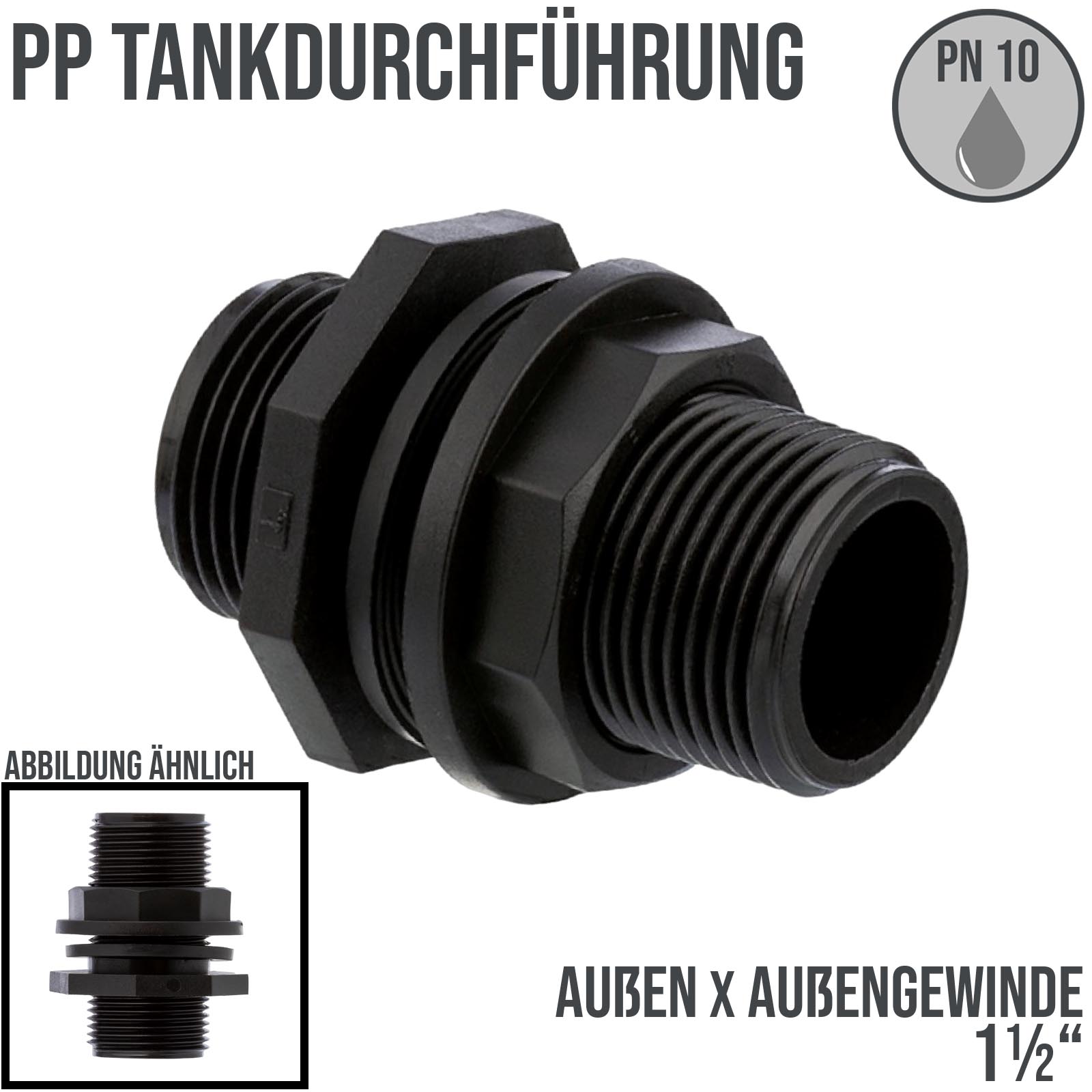 1 1/2" PP Tank Regen Tonnen Durchführung Connector Messing 2-fach Außengewinde  - PN 10 bar