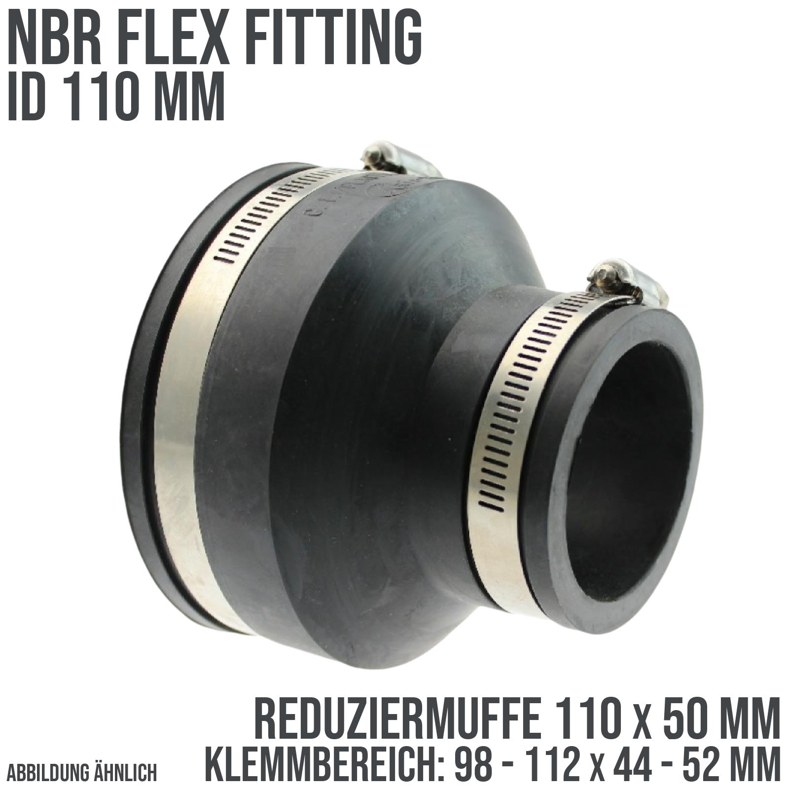 110 mm NBR Flex Fitting Reduziermuffe 90 x 50 mm Verbinder Reparatur (Klemmbereich 98-112 -> 44-52 mm)