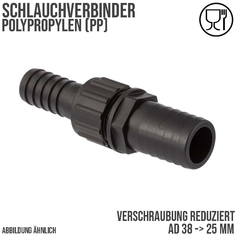 38 x 25 mm Schlauch Verschraubung reduziert 2-fach Stutzen Tülle Pool Teich Garten PP schwarz - PN 6 bar