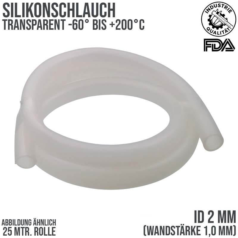 2 x 4 mm Silikon Silicon Industrie Schlauch transparent talkumiert Lebensmittel FDA - 25 m
