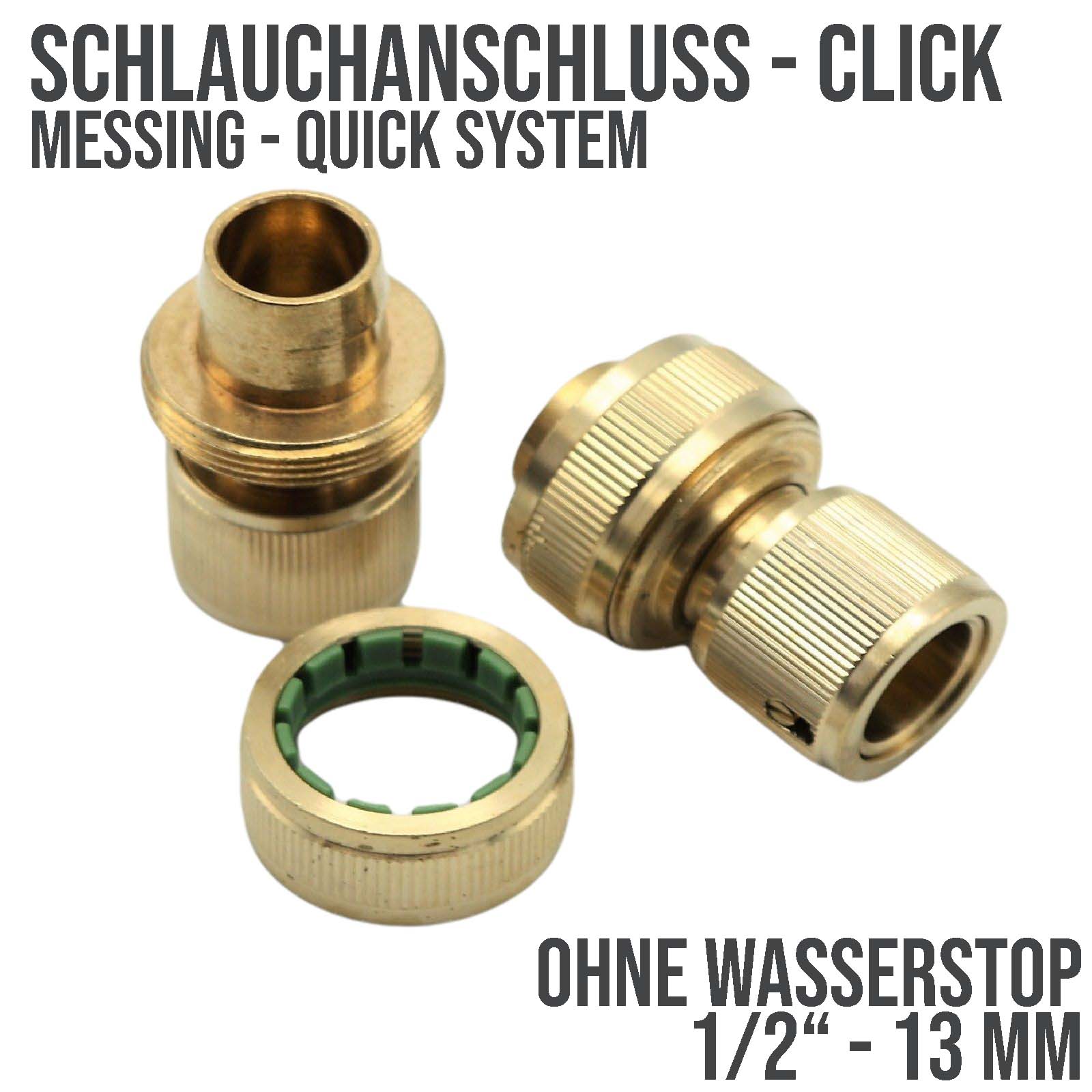 1/2" Schlauchstück Kupplung Click-System Quick Connect ohne Wasser-Stop Messing (Gardena kompatibel)