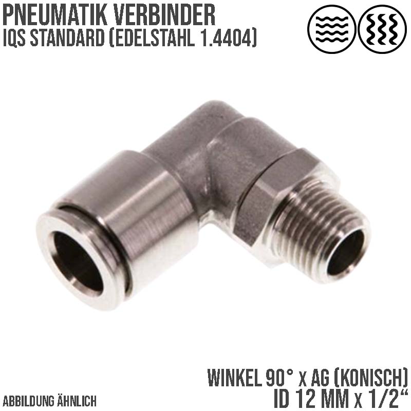 12 mm x 1/2" Pneumatik Steck Verbinder Winkel 90° eckig IQS Edelstahl VA 1.4404 Außengewinde konisch - PN 15 bar