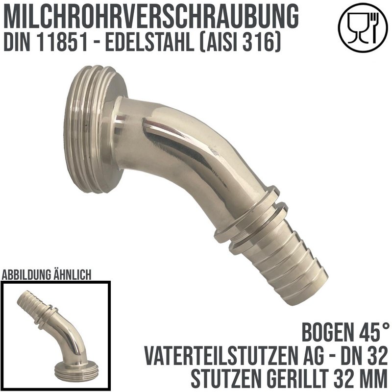 DN 32 Milchrohr Verschraubung DIN 11851 VT Vaterteil Stutzen 45° Bogen Außengewinde RD Sicherungsbund - Stutzen gerillt 32 mm - PN 25 bar