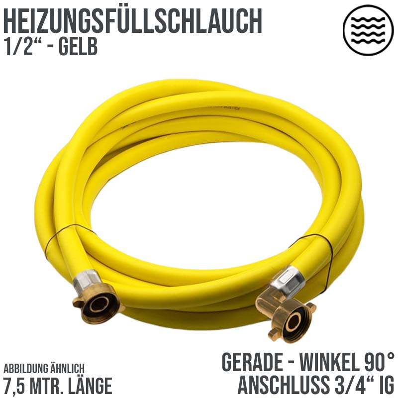 7,5 m Heizungs Füll Wasser Heizkörper Radiator Sanitär Schlauch gelb - 3/4" Gerade/Winkel Anschluss - PN 8 bar