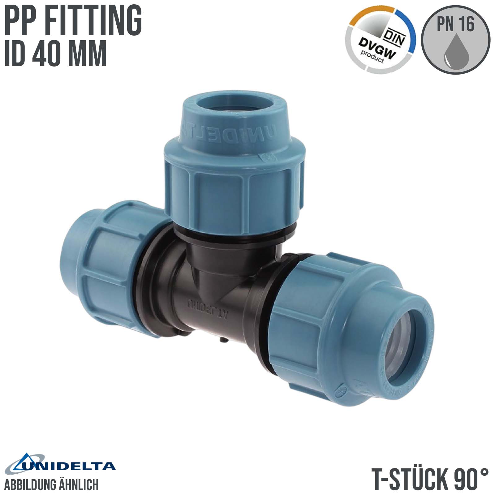 40 mm PE PP Fitting Klemm Verbinder Verschraubung Muffe Rohr Winkel 90° DVGW - Unidelta