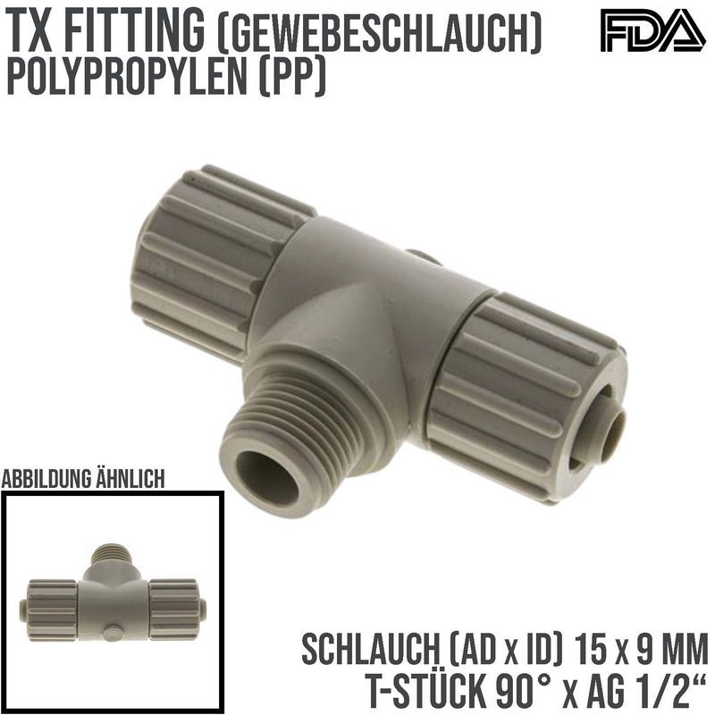 15 x 9 mm x 1/2" T-Stück 90° Außengewinde TX Fitting Gewebe Schlauch Verbinder FDA PP beige - PN 10 bar