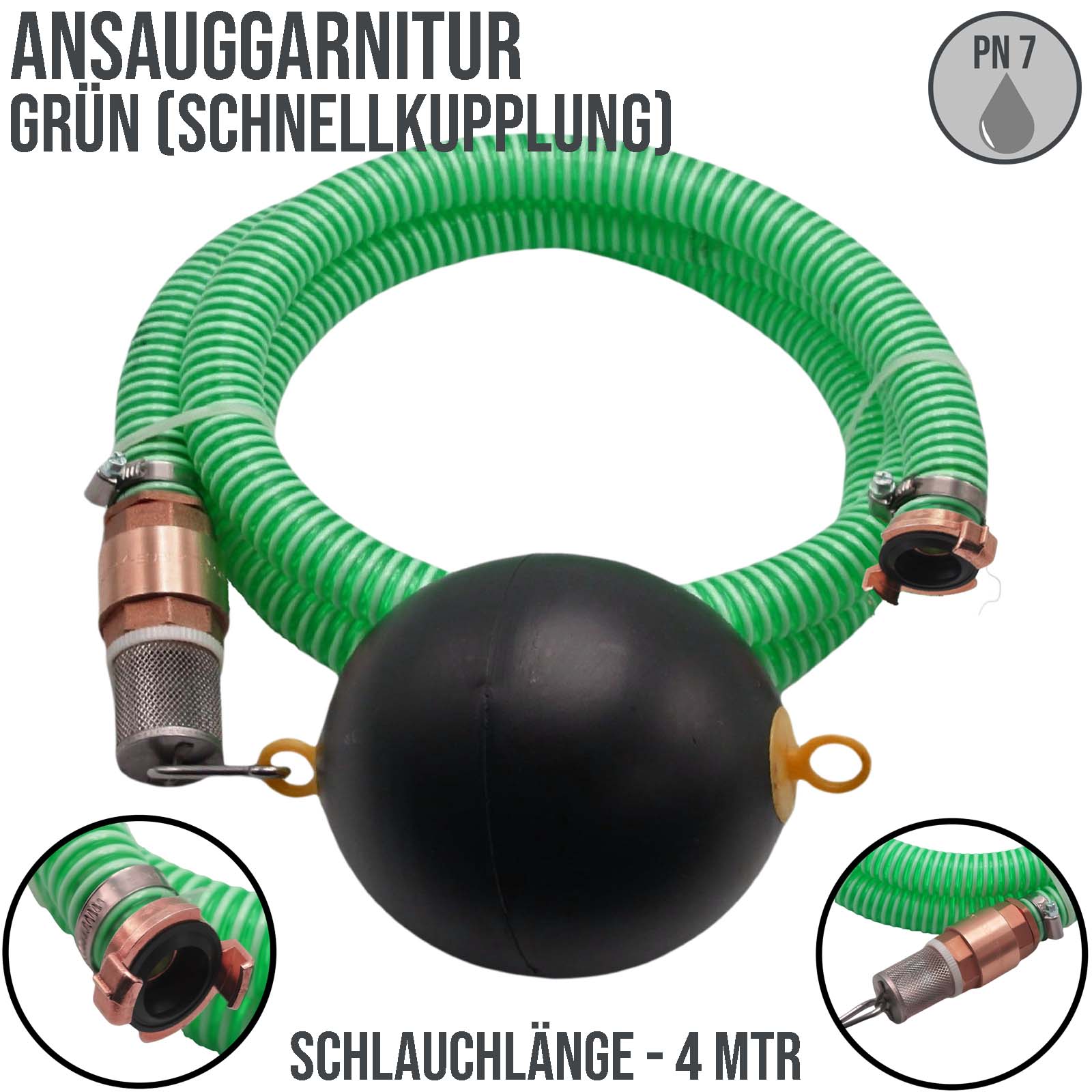 32 mm 1 1/4" Zoll Ansaug Saug Schlauch Pumpen Garnitur schwimmende Entnahme Schnellkupplung grün - 4 m