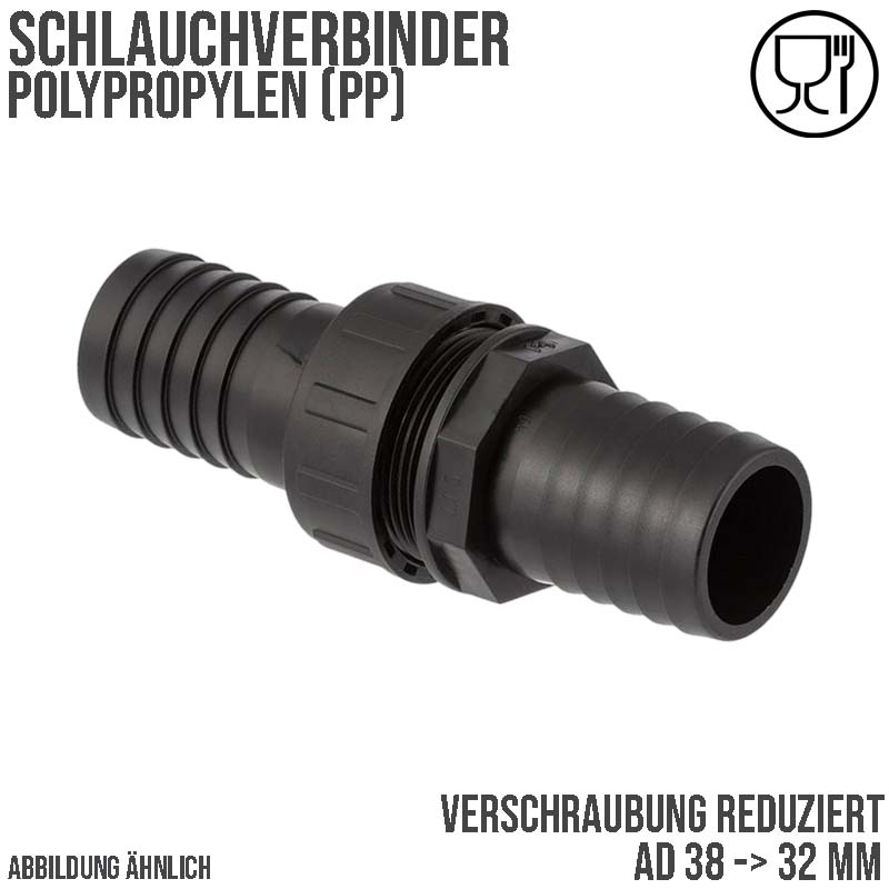 38 x 32 mm Schlauch Verschraubung reduziert 2-fach Stutzen Tülle Pool Teich Garten PP schwarz - PN 6 bar