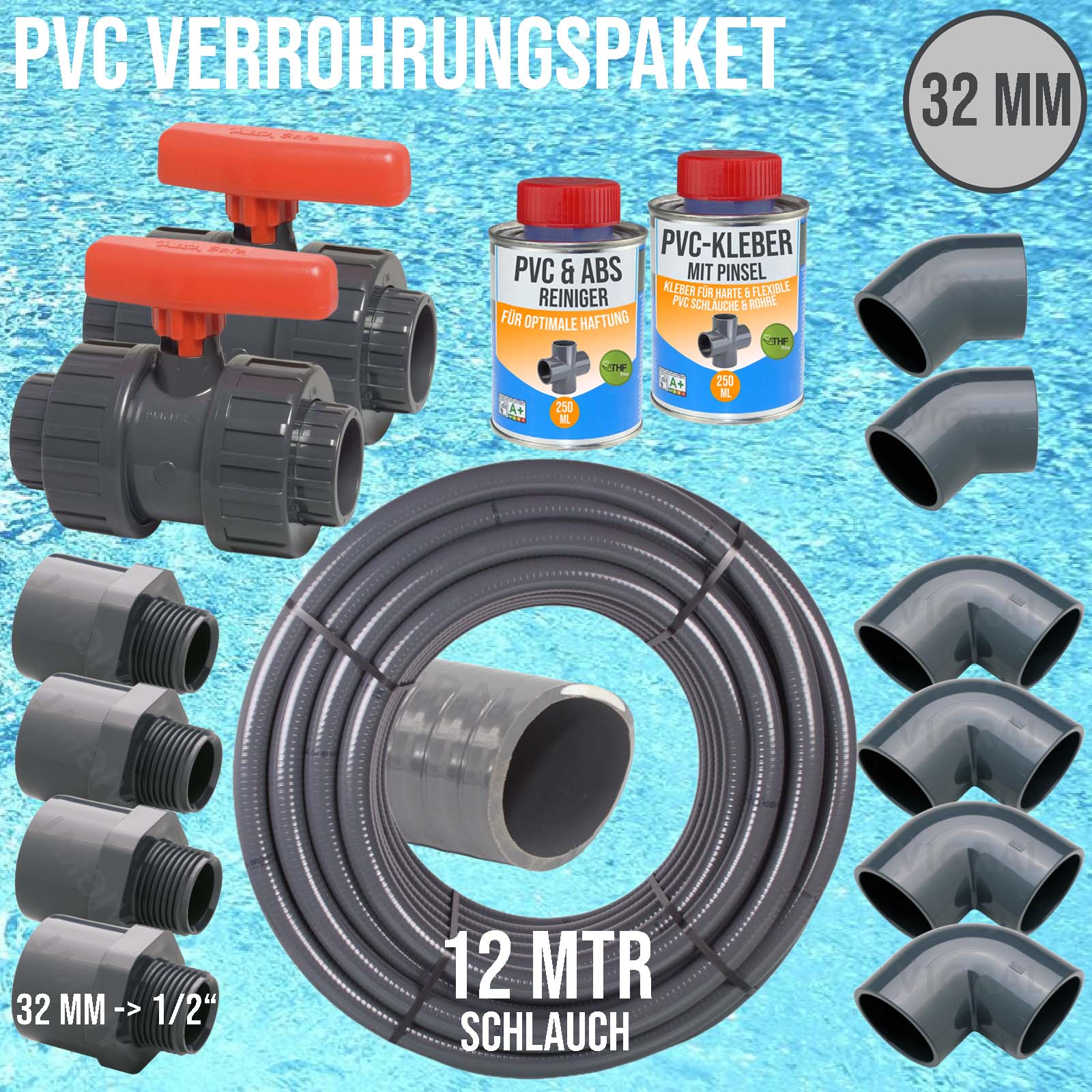 32 mm PVC Klebe Fittings Verrohrungspaket Pool Schwimmbad Schlauch FLEX (1/2") - 12 m - rot