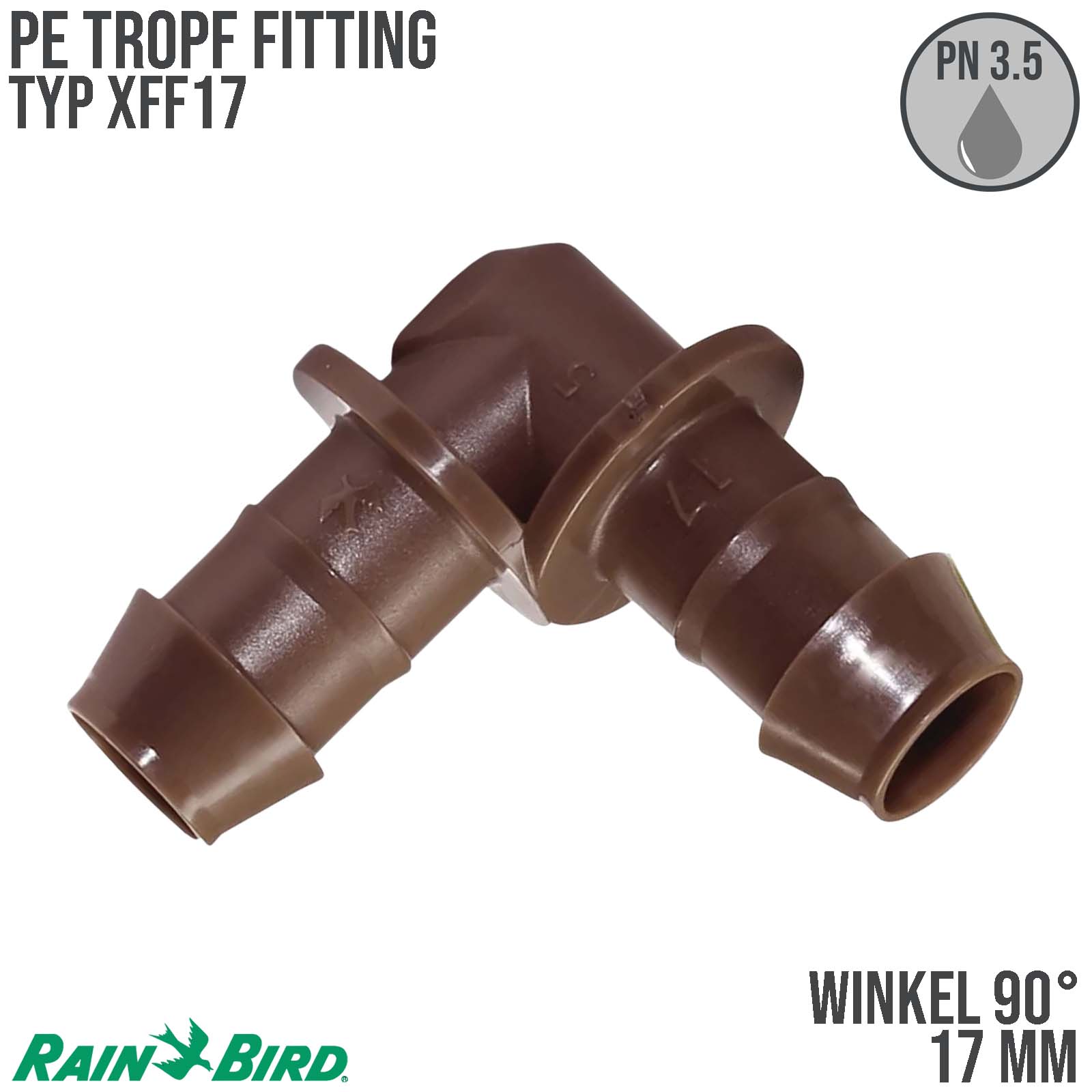 17 mm Rain Bird Winkel 90° Kunststoff Tülle Tropf Fitting braun Typ XFF17 - PN 3,5 bar