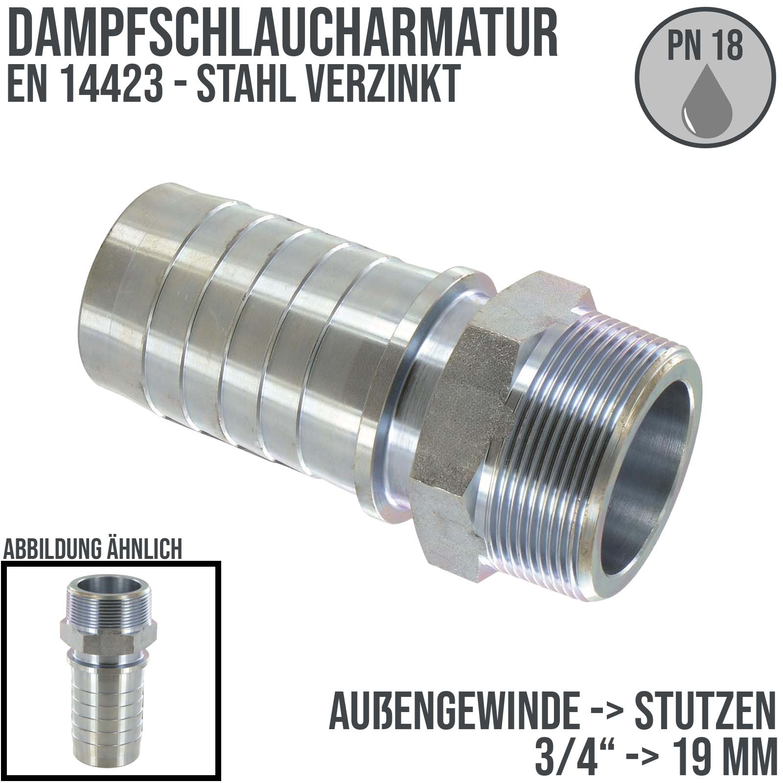3/4" Dampfschlaucharmatur Außengewinde Sicherungsbund Stahl verzinkt Stutzen Tülle 19 mm - PN 18 bar