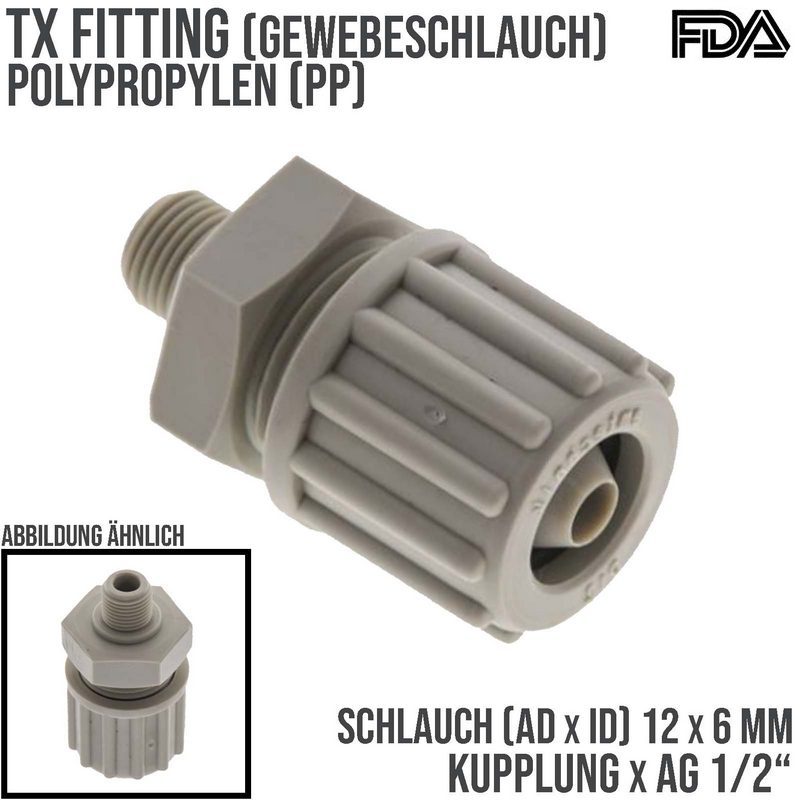 12 x 6 mm x 1/2" Kupplung Außengewinde TX Fitting Gewebe Schlauch Verbinder FDA PP beige - PN 10 bar