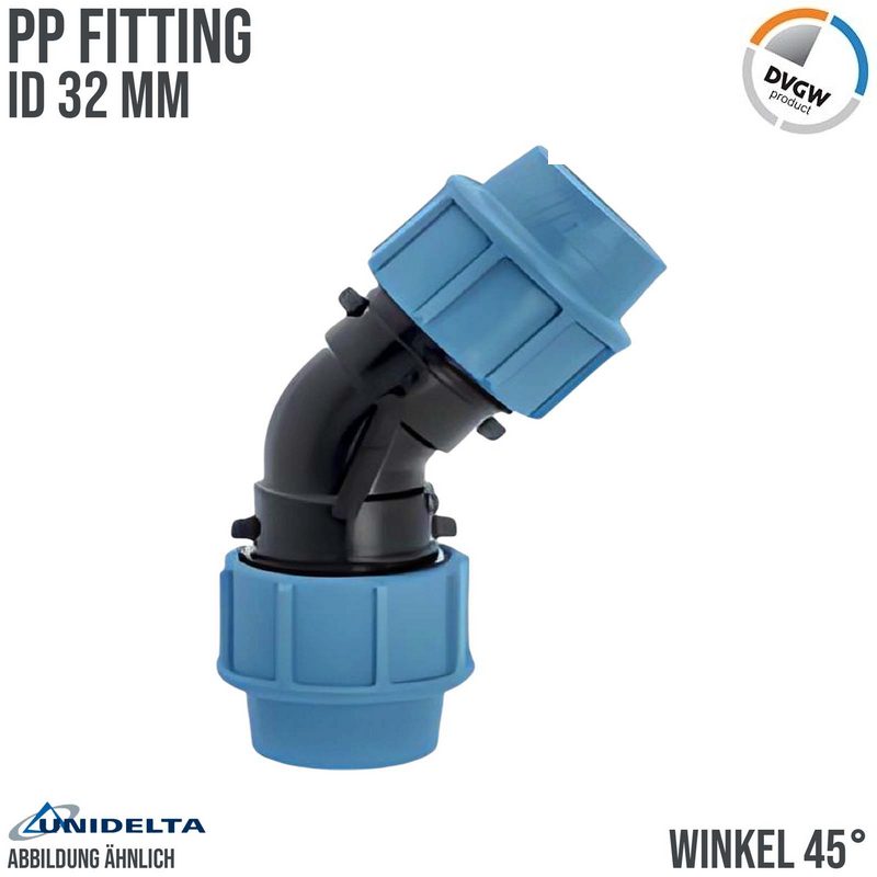 32 mm PE PP Fitting Klemm Verbinder Verschraubung Muffe Rohr Winkel 45° DVGW - Unidelta