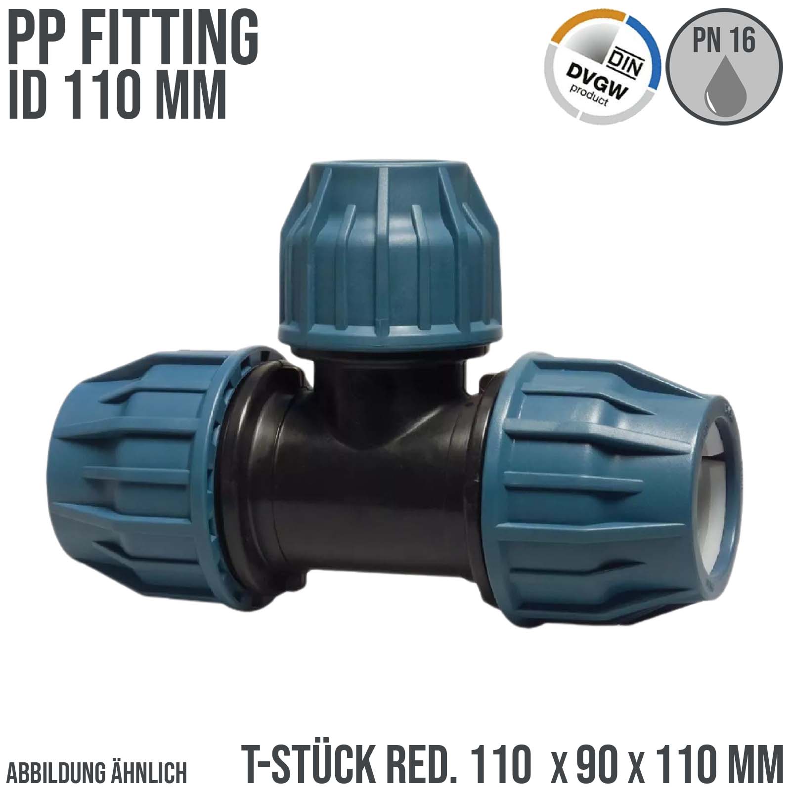 110 x 90 x 110 mm PE PP Fitting Klemm Verbinder Verschraubung Muffe reduziert T-Stück 90° DVGW - PN 16 bar