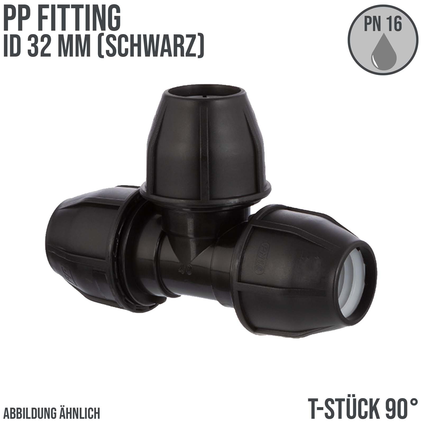 32 mm PE PP Fitting Klemm Verbinder Verschraubung Muffe Rohr T-Stück 90° schwarz - PN 16 bar